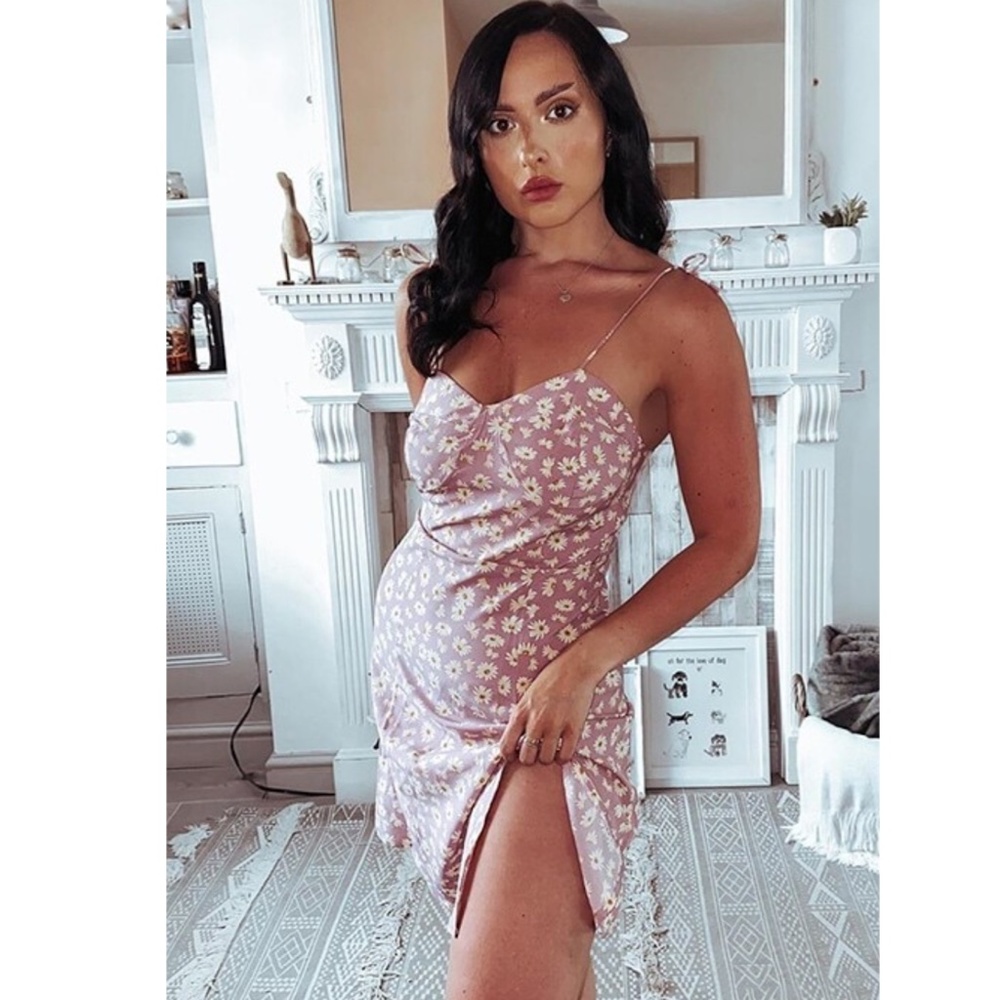 Pink Floral Tie Strap High Slit Midi Dress - Picture 13 of 16